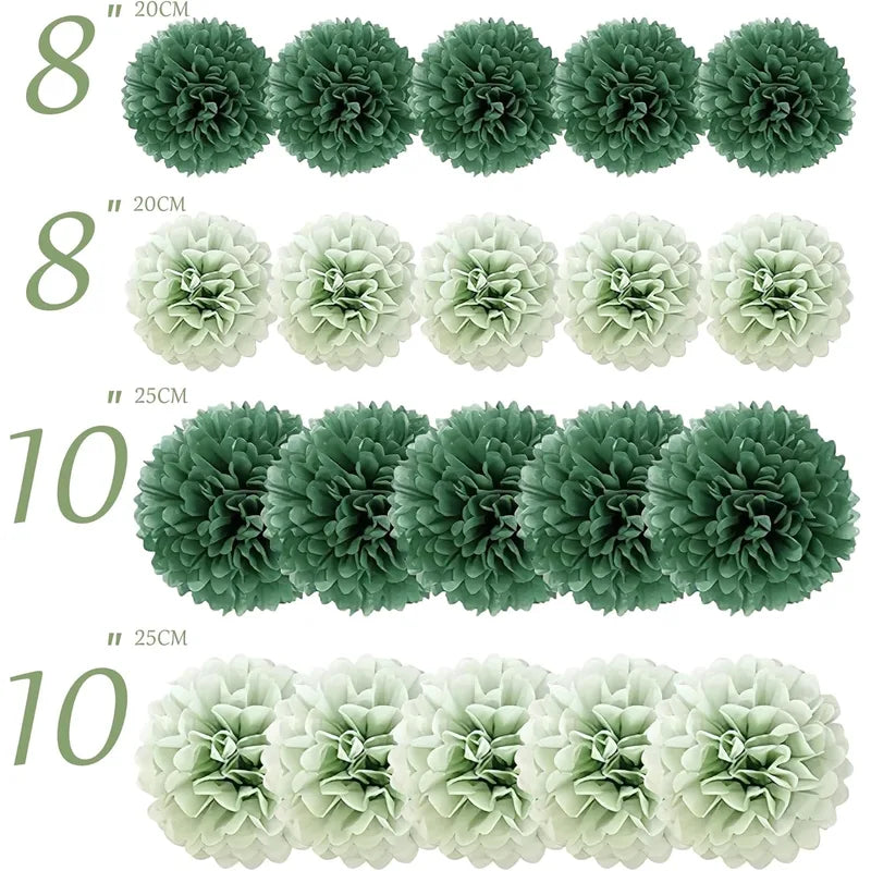 20pcs Green Paper Pom Poms for Wedding Party Home Decor