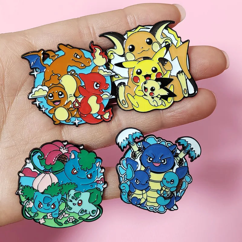 4-Piece Pokemon Enamel Pins Set - Anime Pikachu Bulbasaur Charizard Badge Brooch