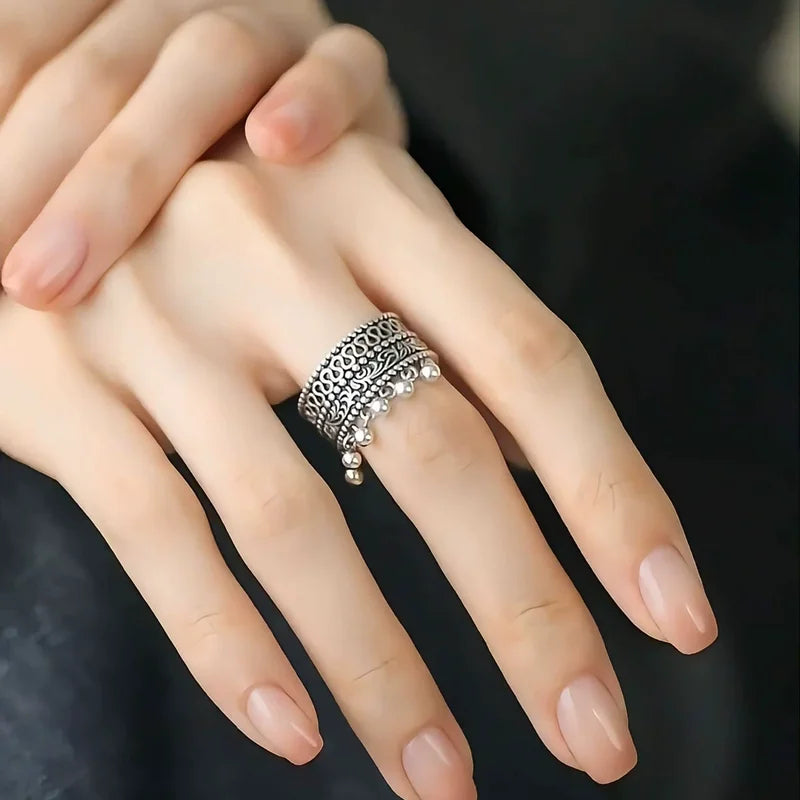 Vintage Thai Silver Beaded Adjustable Finger Ring for Women Jewelry Gift