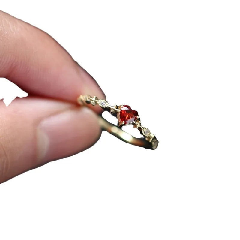 Luxury Red Heart Crystal Opening Rings for Women Wedding Jewelry Stainless Steel