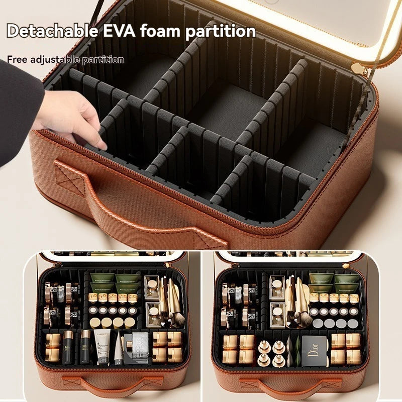 Portable LED Makeup Mirror Train Case Large Capacity Cosmetic Organizer with Brush Holder