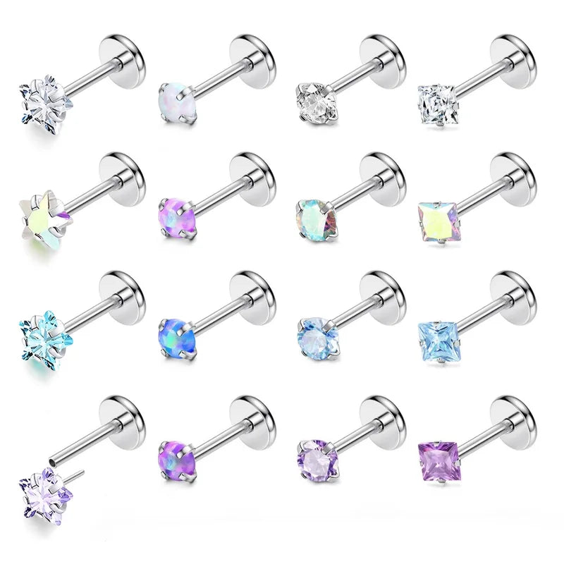 16-Piece Surgical Steel Threadless Jewelry Set for Ear Lip Nostrils - 3mm Crystal Opal