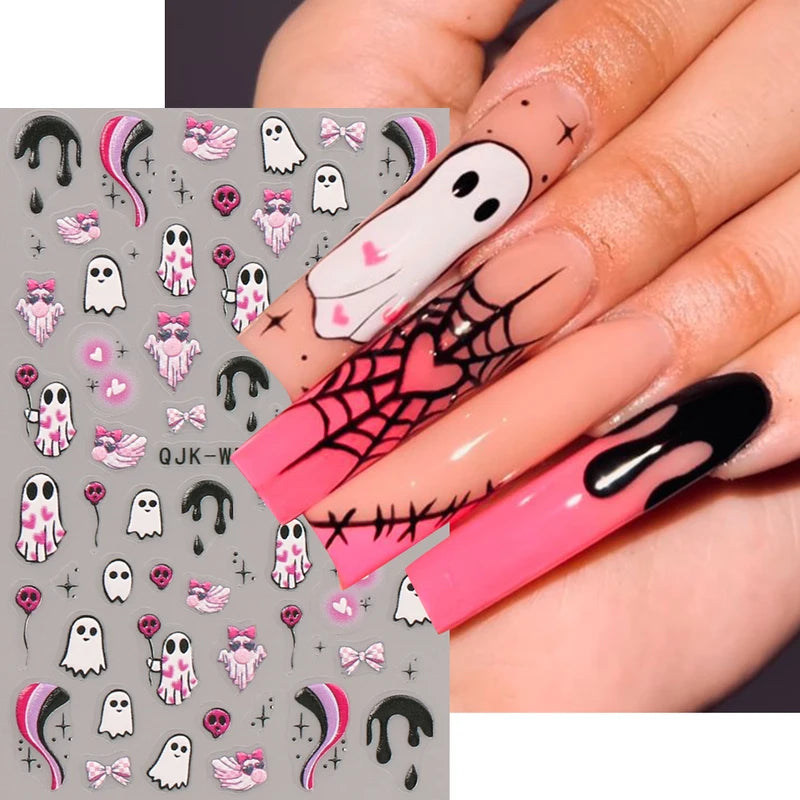 Halloween 3D Nail Art Stickers Ghost Pumpkin Spider Web Bat Manicure Decals