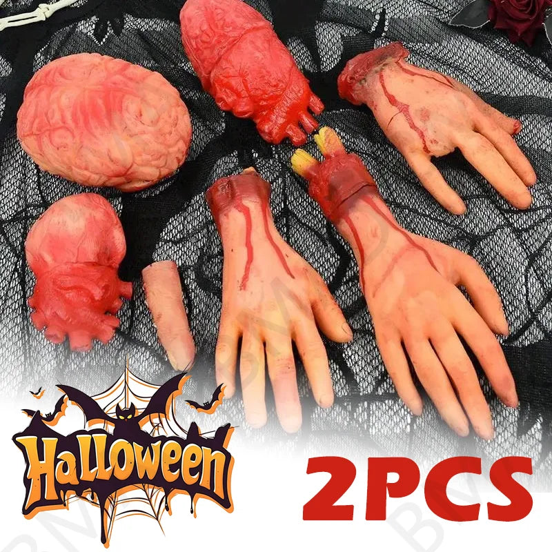 Halloween Bloody Body Parts Decor Set - Fake Hands Legs Arms Brain Heart Horror Props