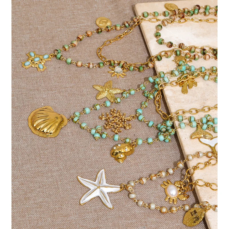 Ocean Series Glass Beads Chain Layered Necklace with Shell Starfish Drop Charm Summer Jewelry