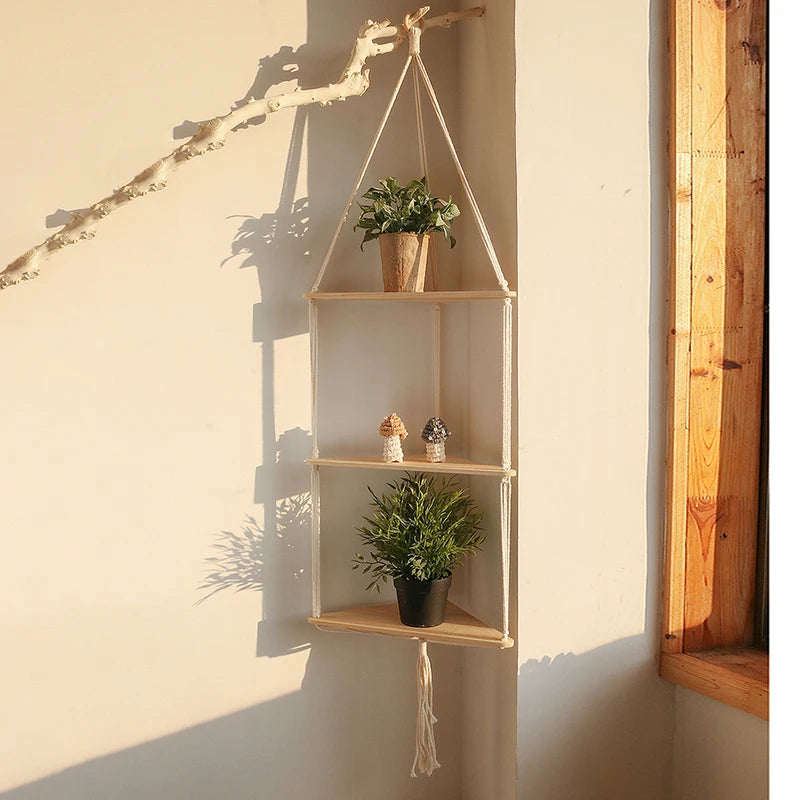 Boho Wall Shelf with Triangle Corner Floating Shelves Natural Wood & Macrame Cord
