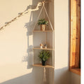 Boho Wall Shelf with Triangle Corner Floating Shelves Natural Wood & Macrame Cord
