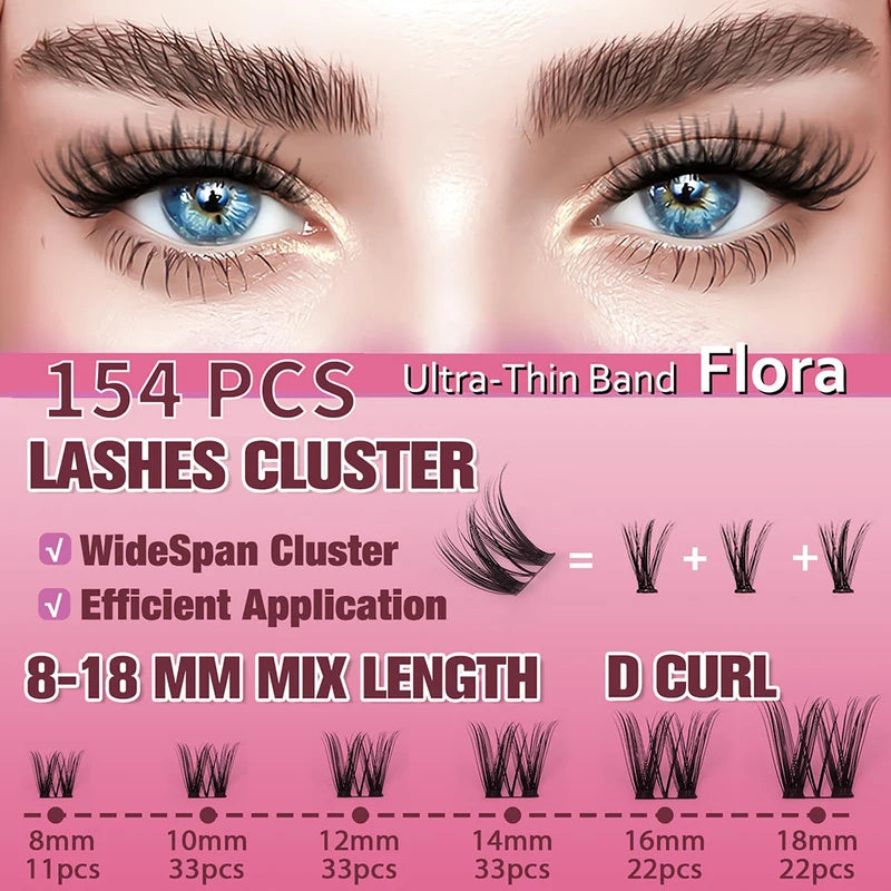 Natural D Curl False Eyelash Clusters - Handmade 8-18mm Wispy Lashes for DIY Extension