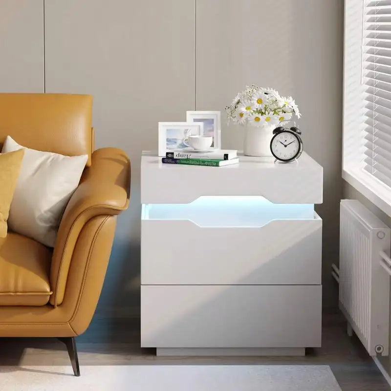 Nightstand With USB Charging Port & LED Lights - Bedside Table with Outlets