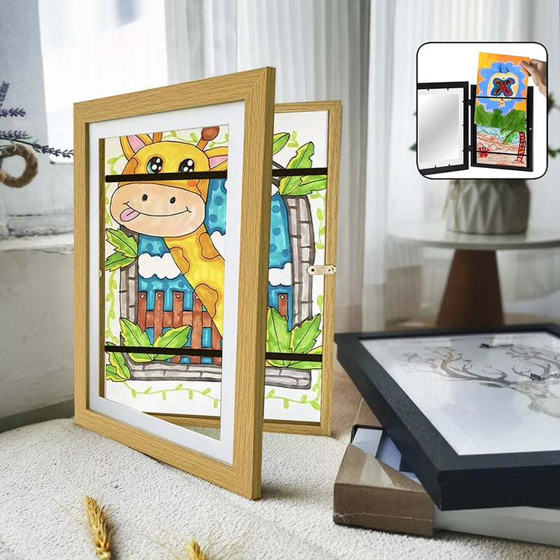 Wood Flap Art Frame A4 Photo Display with Storage Kids Artwork Organizer