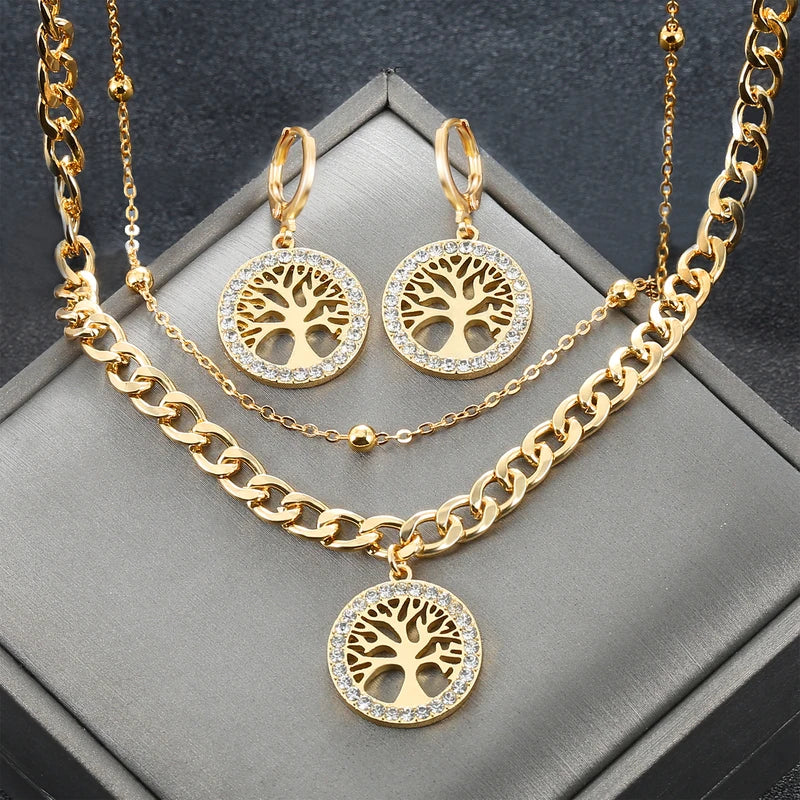 Women's Jewelry Set Rhinestone Tree of Life Pendant Necklace Hoop Earrings Gold