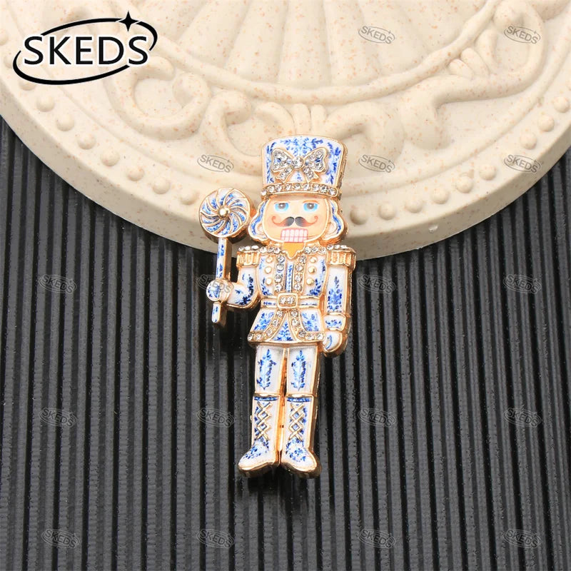 Christmas Nutcracker Brooch - Blue & White Porcelain Style Lapel Pin Gift