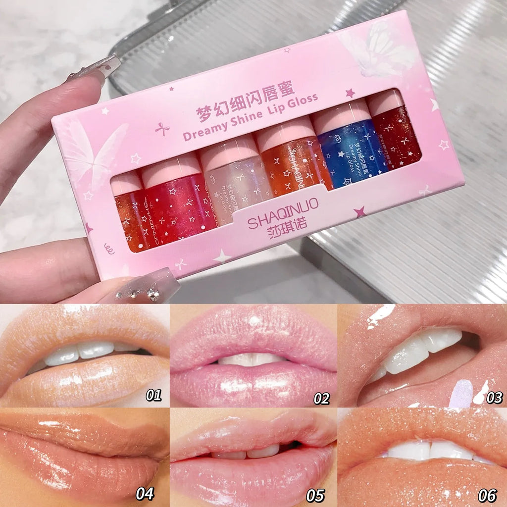 Shimmery Glitter Lip Gloss Set - 6 Highly Pigmented Long-Wear Colors