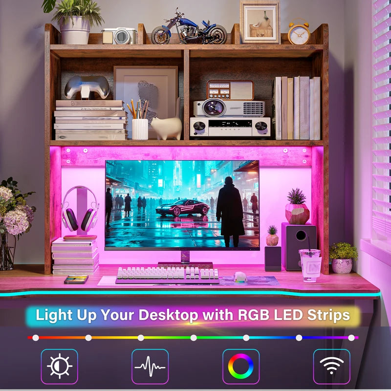 3-Tier Desk Hutch with LED Lighting and 6 Shelves - Space-Saving Office Organizer