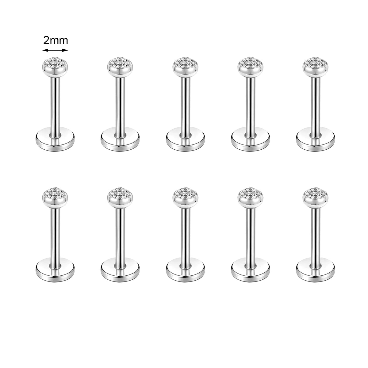 10 Pcs Stainless Steel Lip Piercing Set with CZ Crystals, 6/8/10MM - Men & Women