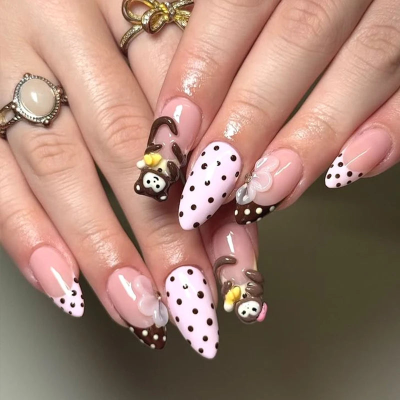 24PCS Cute Cartoon Monkey Press On Nails Pink Almond French Style Fake Nails