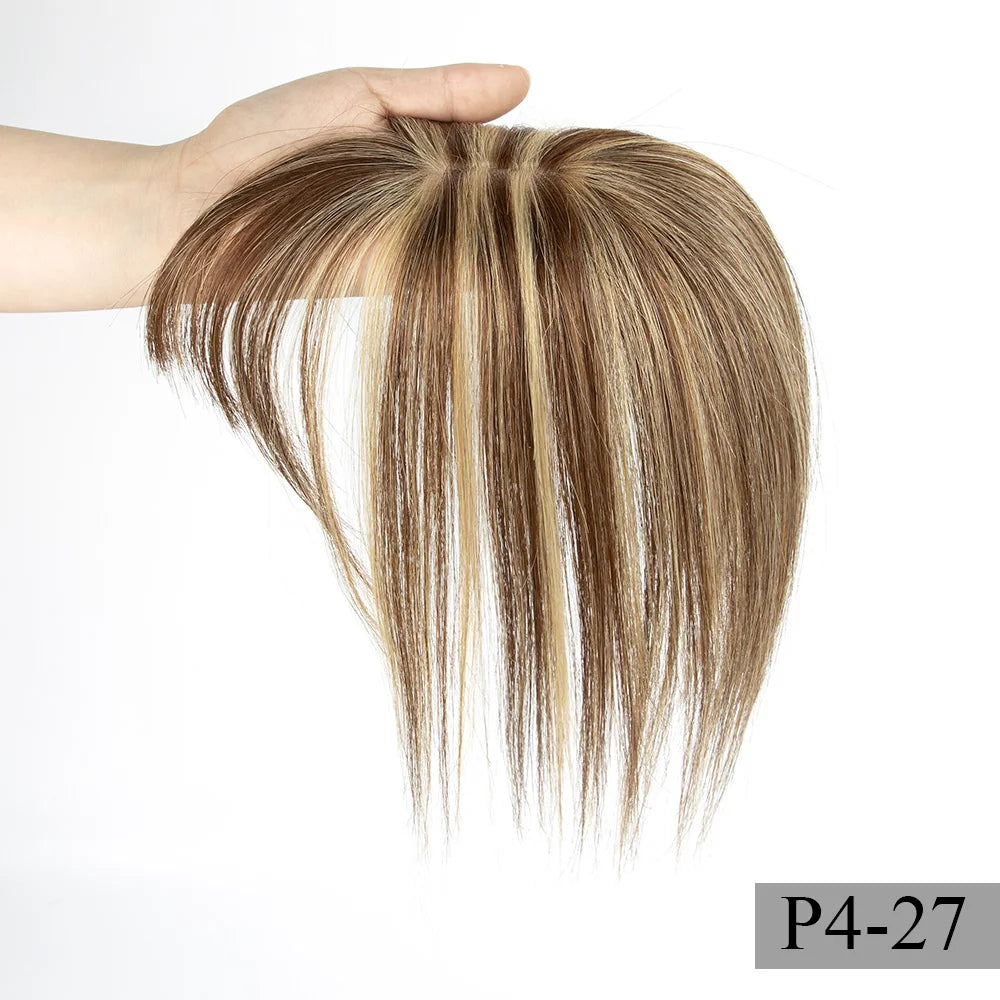 Human Hair Topper with Bangs for Women Clip-In Hairpiece 8-14 Inches, Natural Black Blonde Highlights