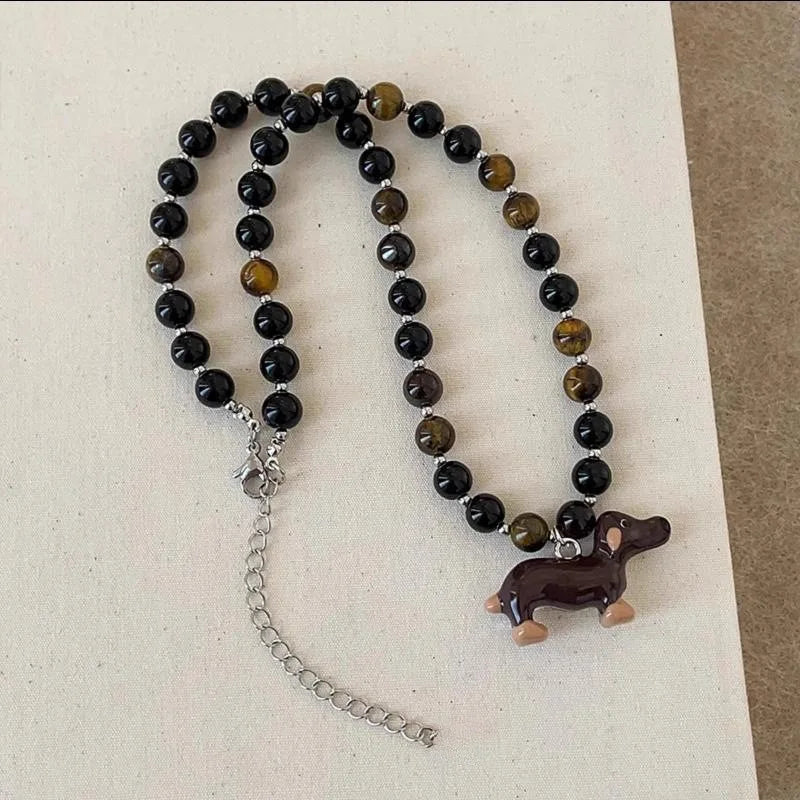 Natural Stone Tiger Eye Dog Pendant Necklace for Women Girls