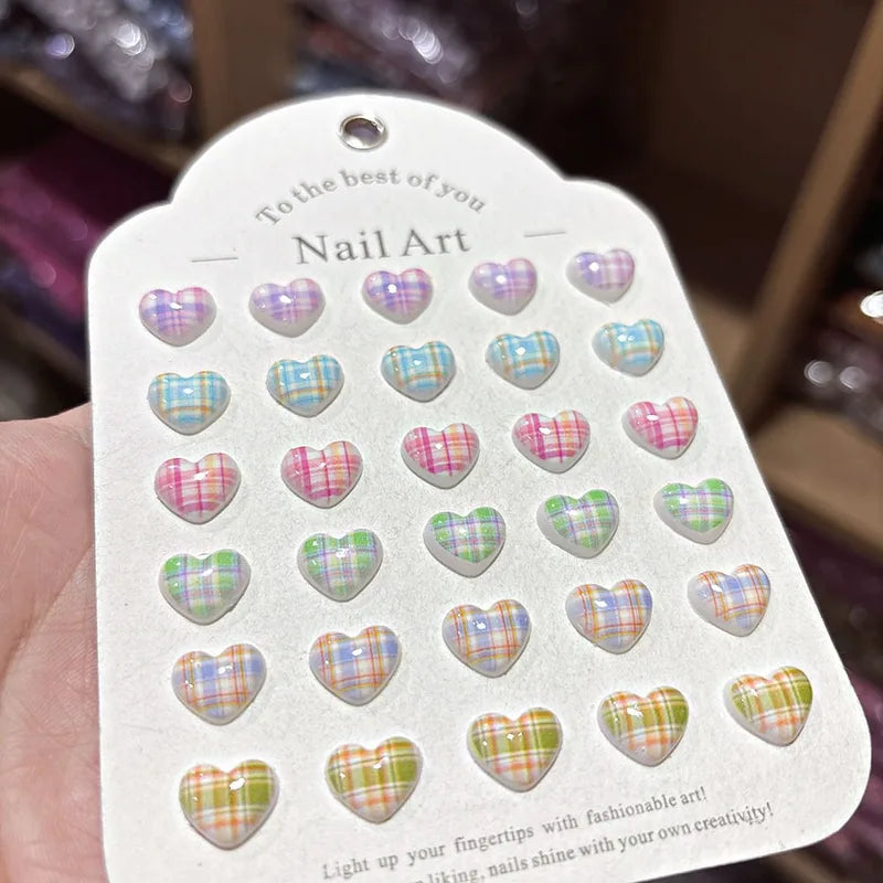 Heart Plaid Nail Charms 3D Sweet Girl Nail Art Decor for DIY Kawaii Manicures