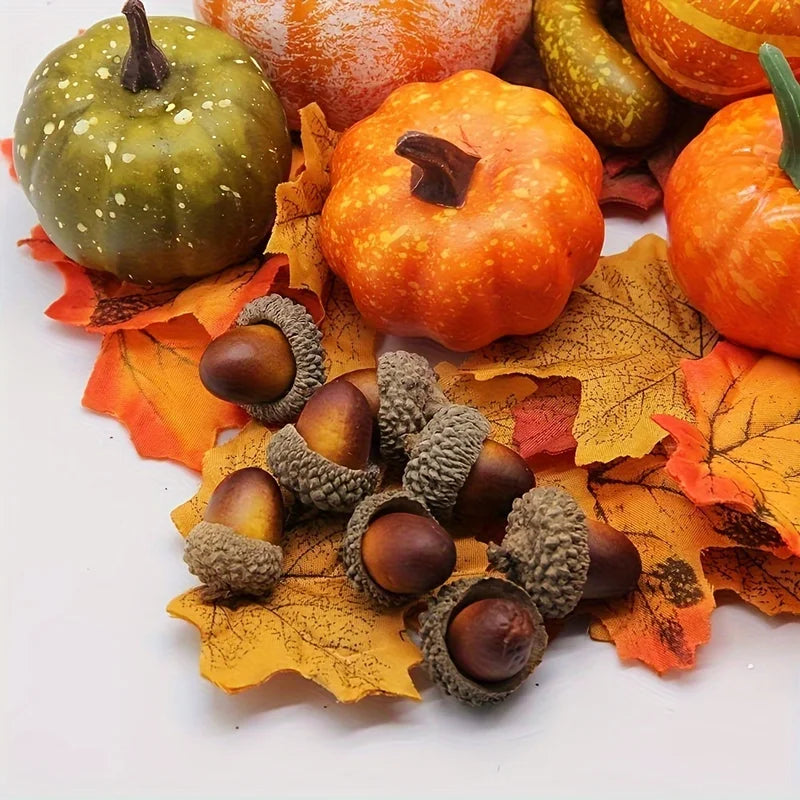 Thanksgiving Artificial Pumpkin Set with Leaves Acorns & Pine Cones for Autumn Decor