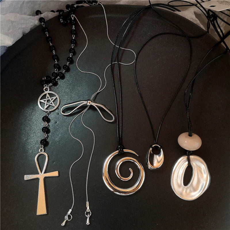 Geometric Metal Vortex Cross Pendant Necklace with Rope Chain for Men Women Beaded Jewelry