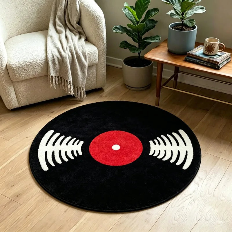 Music-Themed Vinyl Record Round Rug - Retro Bedroom Floor Mat, Washable Home Decor