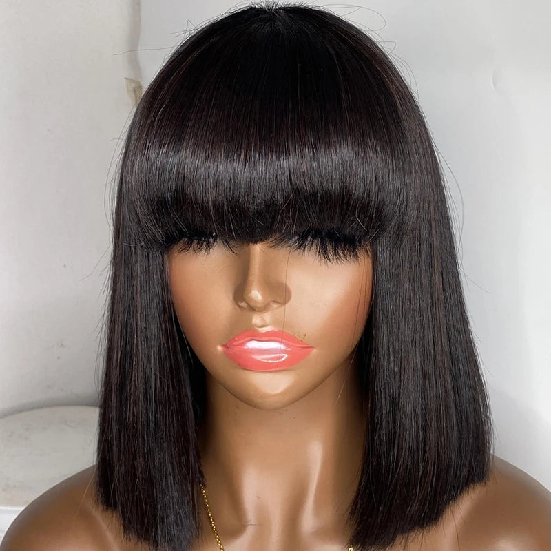 Human Hair Bob Wig with Bangs - 180% Density, Short & Natural Look