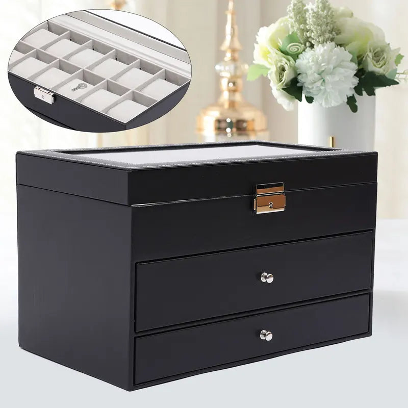 12 Compartments Watch Storage Box Jewelry Organizer with Glass Window