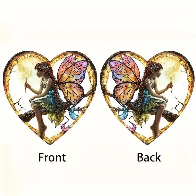 Fairy Night Suncatcher Wall Hanging - Heart Shaped Stained Glass Acrylic Decor