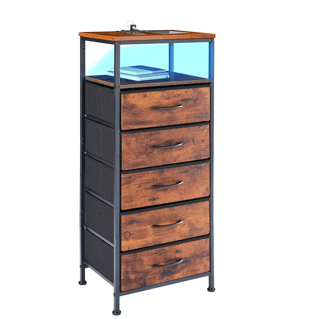 5-Drawer Nightstand with Charging Station and Open Shelf – Modern Bedroom End Table