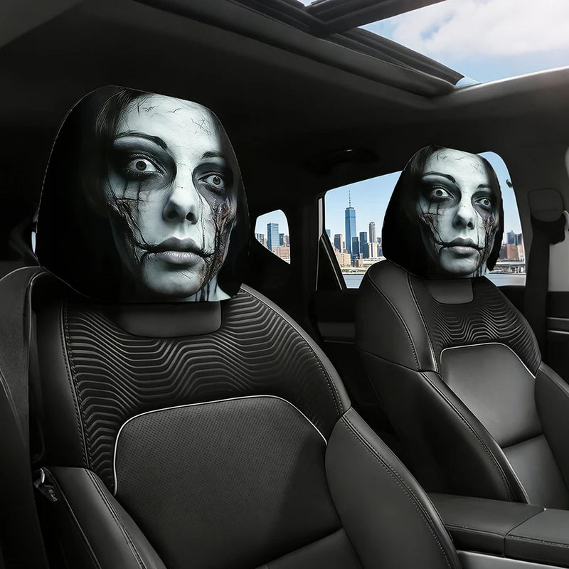 Halloween Ghost Face Car Headrest Covers Set of 2 - Washable Elastic Fabric, Universal Fit