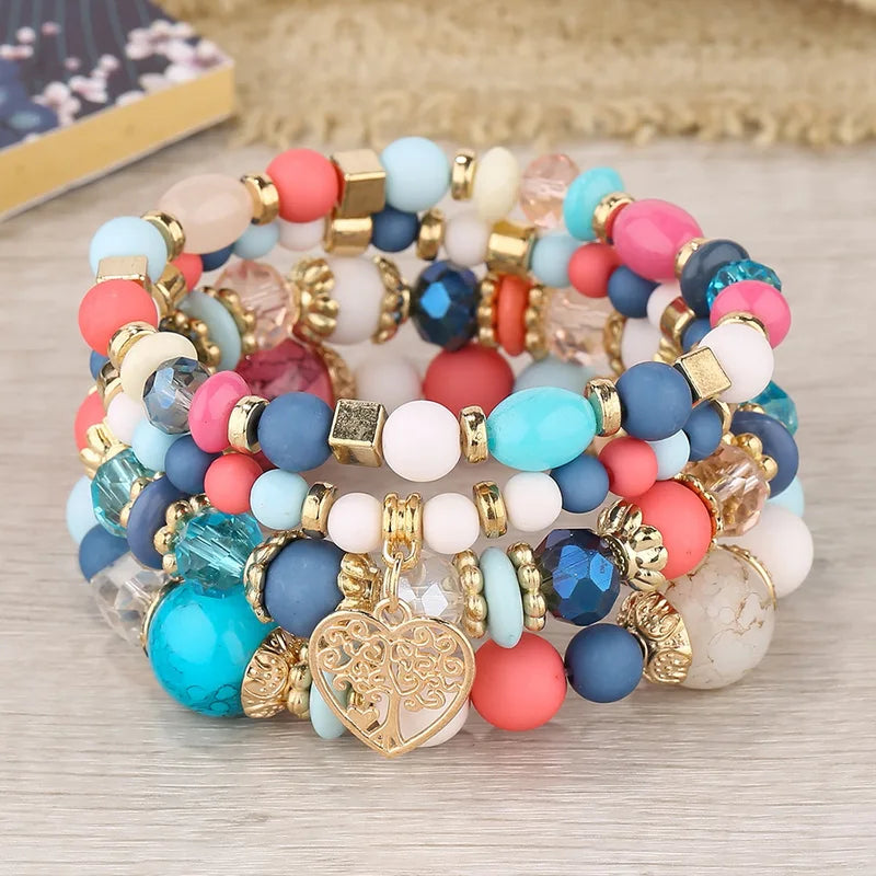 Bohemian Beaded Chain Bracelet Set for Women Tree of Life Charm Elastic Jewelry
