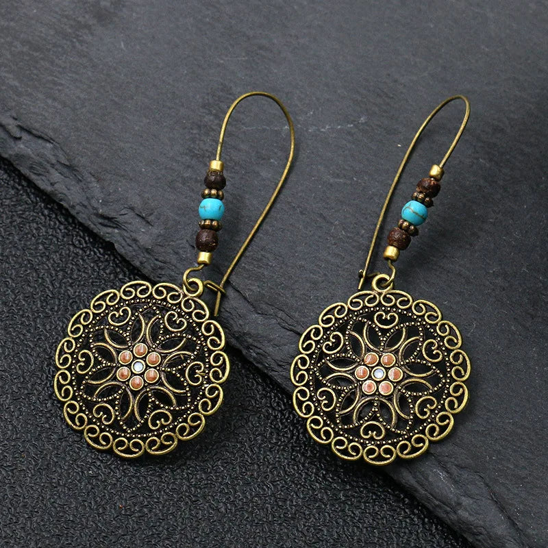 Ethnic Vintage Bohemia Drop Earrings for Women Geometric Leaf Flower Hollow Round Jewelry