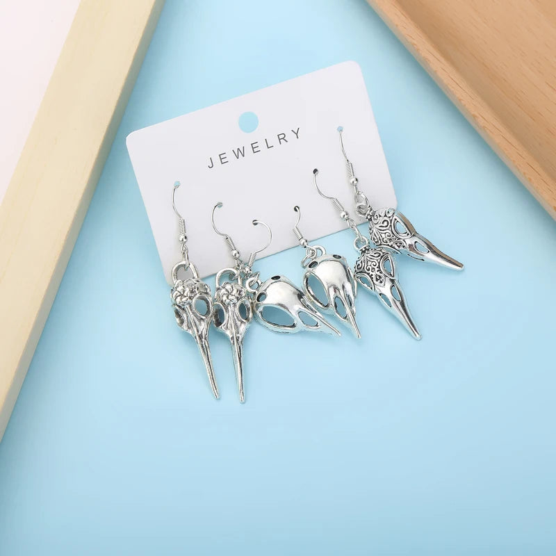 Gothic Bird Dead Crow Moon Earrings Set - Pentagram Skull Halloween Punk Jewelry for Women