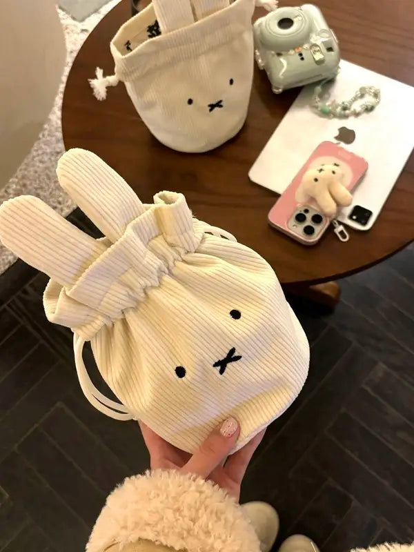 Kawaii Corduroy Makeup & Storage Bag with Drawstring - Cute Portable Organizer