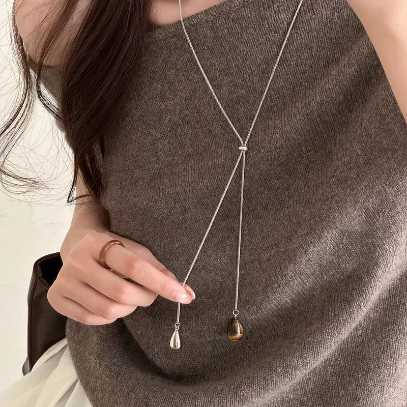 Retro Tiger's-Eye Stone Water Drop Pendant Necklace for Women Adjustable Jewelry Gift