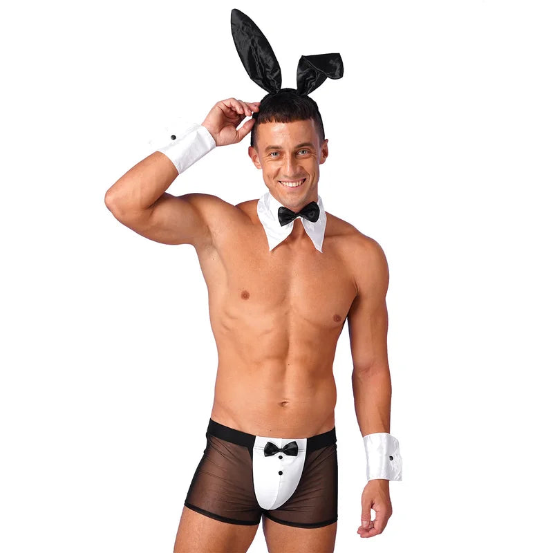 Men's Bunny Cosplay Costume Set with Sheer Boxer Briefs Rabbit Ears Headband and Accessories