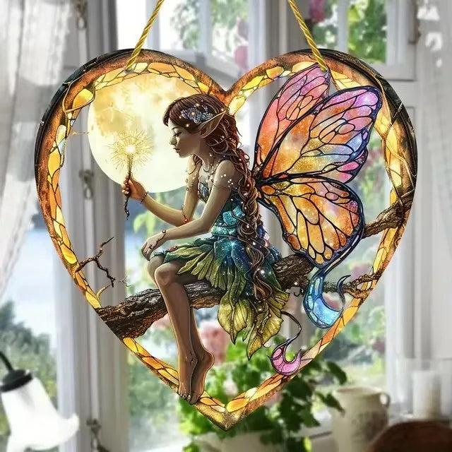 Fairy Night Suncatcher Wall Hanging - Heart Shaped Stained Glass Acrylic Decor
