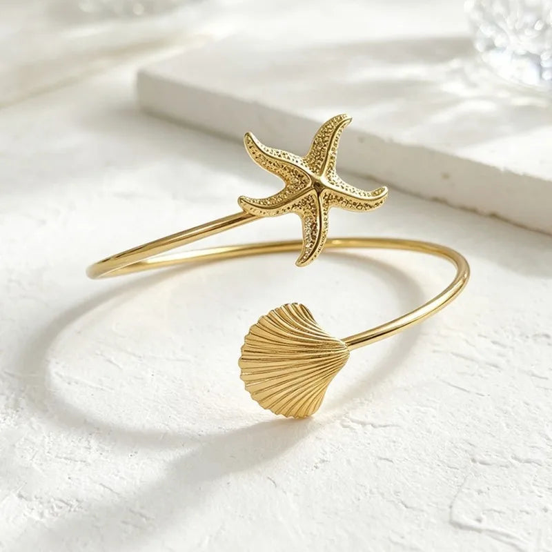 Ocean Style Upper Arm Cuff Bracelet for Women Starfish Spiral Design Gold Color Open Armlet