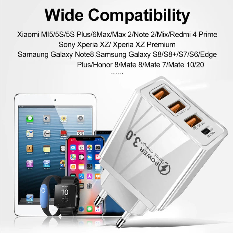 48W USB-C Fast Charger with 3 Ports for Smartphone Tablets EU/US Plug