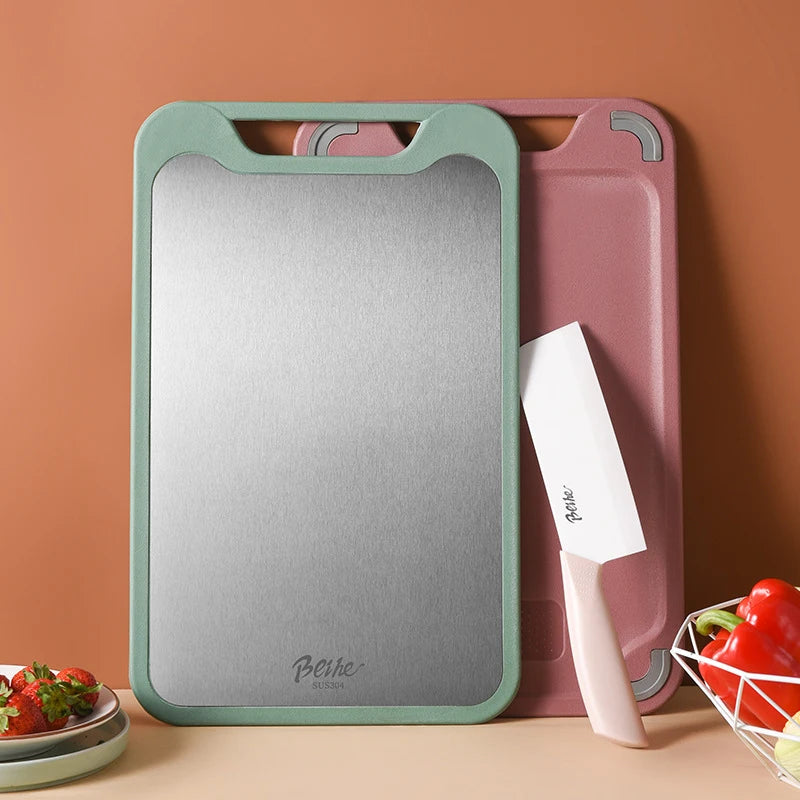 Dual-Side Stainless Steel and Plastic Cutting Board with Anti-Slip Feet
