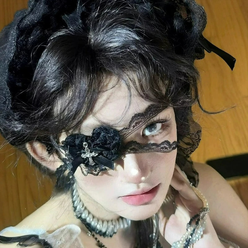 Halloween Punk Cross Eye Mask Women Gothic Lace Bow Accessory