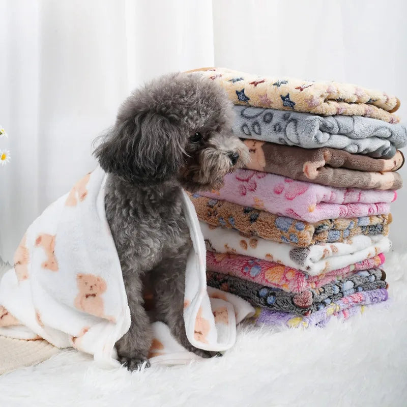 Soft Fluffy Pet Blanket for Dogs and Cats - Warm Comfortable Flannel Mat with Paw Print Pattern