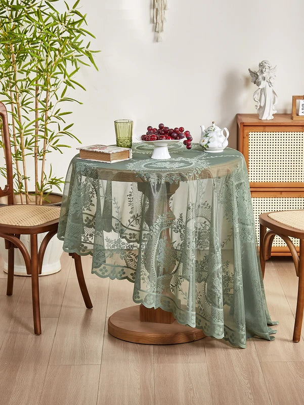 Green Round Mirror Flower Lace Tablecloth for Living & Dining Room Decor