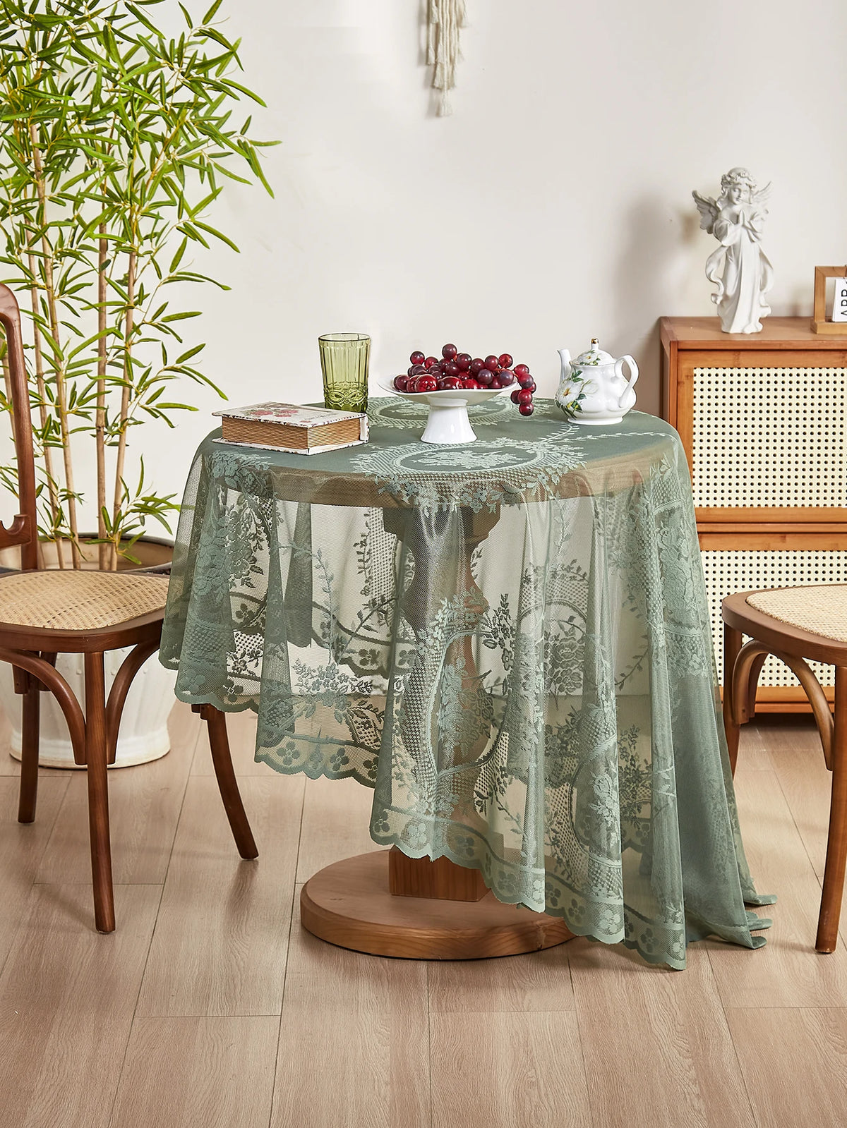 Green Round Mirror Flower Lace Tablecloth for Living & Dining Room Decor