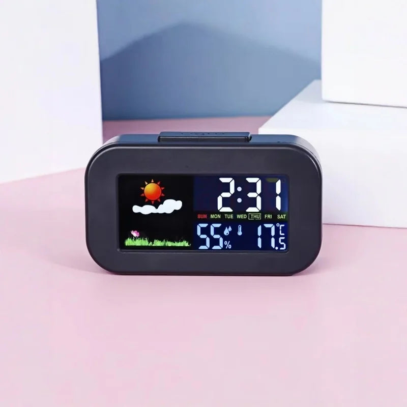 Mini Digital Alarm Clock with Backlight Temperature Humidity Week Display - Electronic LED Clock for Living Room