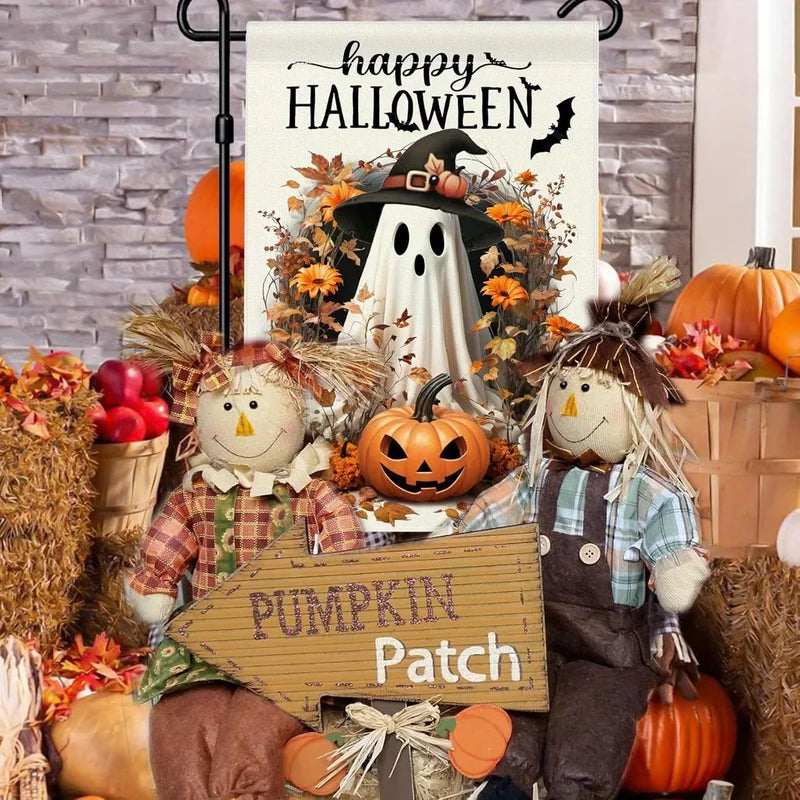 Halloween Garden Flag with Ghost Jack-o'-Lantern Bat Pumpkin and Flowers - Polyester Outdoor Decor
