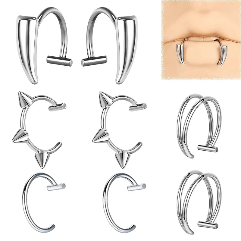 8pcs Fake Lip Ring Vampire Teeth Ring Set Non-Piercing Lip Cuff Jewelry for Women Men