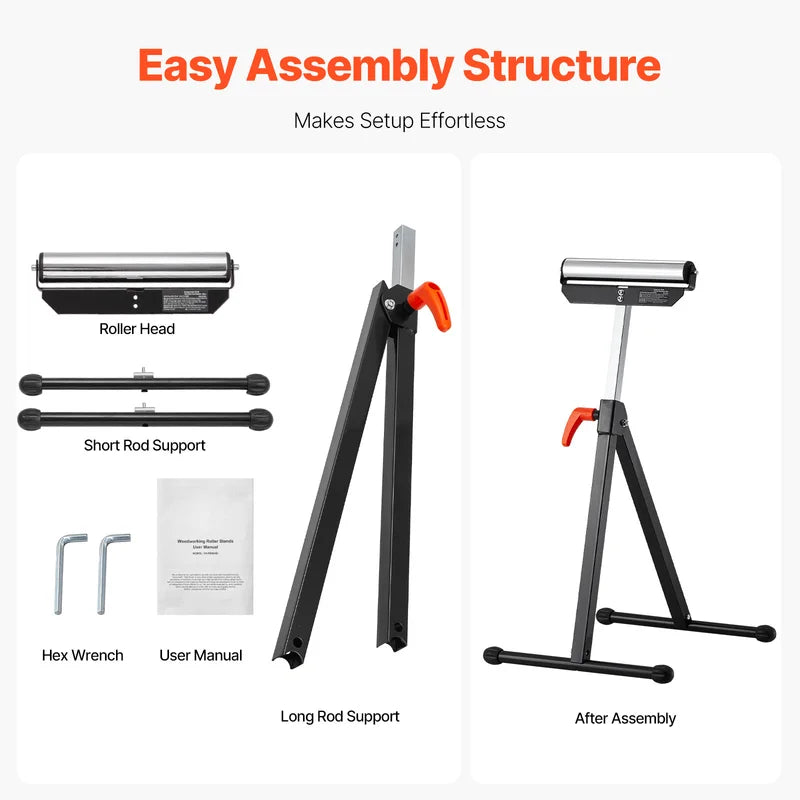 Heavy Duty Folding Roller Stand with Adjustable Height and Steel Roller Head for Woodworking
