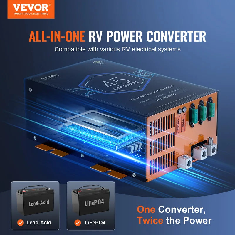 RV Power Converter Charger 45A 110V to 12VDC Smart Battery Charger with Adjustable Voltage